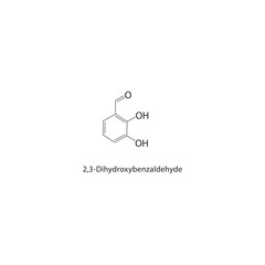 2,3-Dihydroxybenzaldehyde skeletal structure. Benzaldehyde compound schematic illustration. Simple diagram, chemical formula.