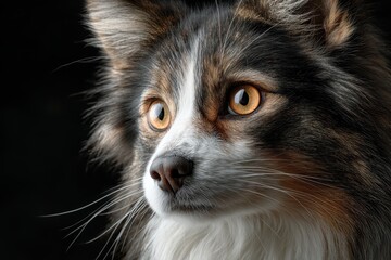Realistic close-up of tabby cat and border collie dog indoors, showcasing their distinct features and vibrant eyes in natural lighting