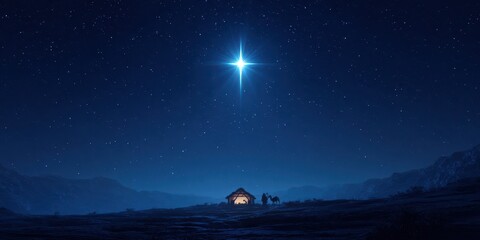 Bethlehem Silhouette. Starry Night Landscape at Christmas Birth in Blue Evening Glow