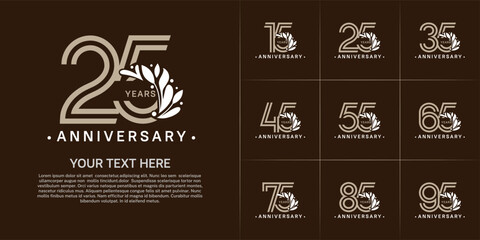 Anniversary logo type set with double line number and white floral ornament. brown color for celebration event