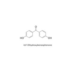 4,4’-Dihydroxybenzophenone skeletal structure. Benzophenone compound schematic illustration. Simple diagram, chemical formula.