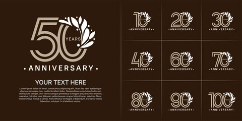 Anniversary logo type set with double line number and white floral ornament. brown color for celebration event