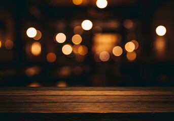 Wooden table with bokeh lights