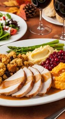 Roasted turkey on platter with apple and pumpkin illustration