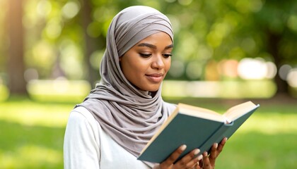 Woman in hijab reads book outdoors