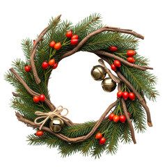 Rustic christmas wreath with berries and bells isolated on transparent background