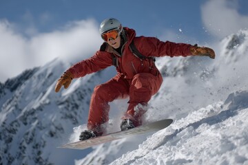 Guy in a red jumpsuit expertly snowboards down a snowy slope surrounded by majestic mountain peaks on a bright day
