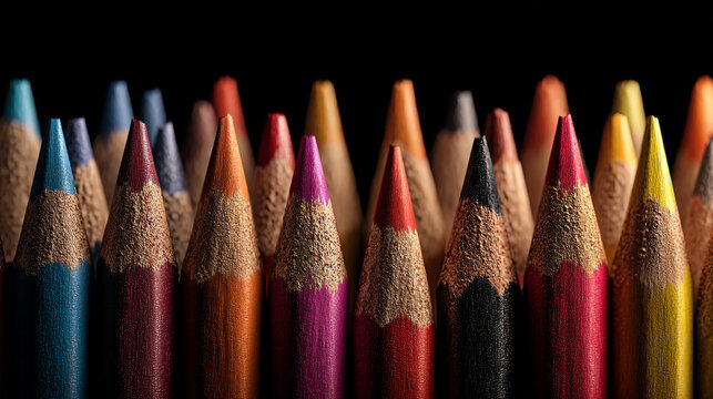 A close up of many colored pencils against a black background