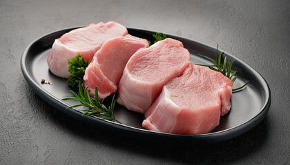 Raw fresh pork meat with peppercorns, rosemary, and spices. Uncooked. Gourmet meal preparation