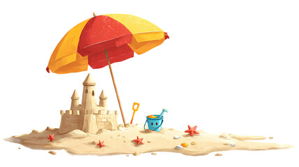 Detailed sandcastle with beach umbrella and toys isolated on transparent background