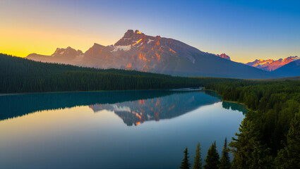 Golden hour tranquility as the sun rises over a rocky mountain peak reflected in a calm alpine lake.