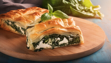 Spinach and feta cheese pie on wooden board. Tasty spanakopita, home bakery. Delicious greek food