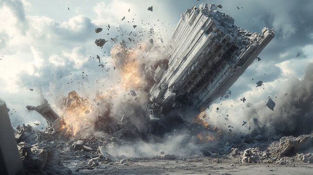 Massive structure collapsing in fiery explosion debris flying everywhere under cloudy sky