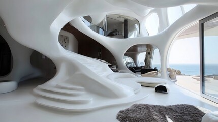 Futuristic interior with flowing, white organic forms, stairs, ocean view, and minimal furniture