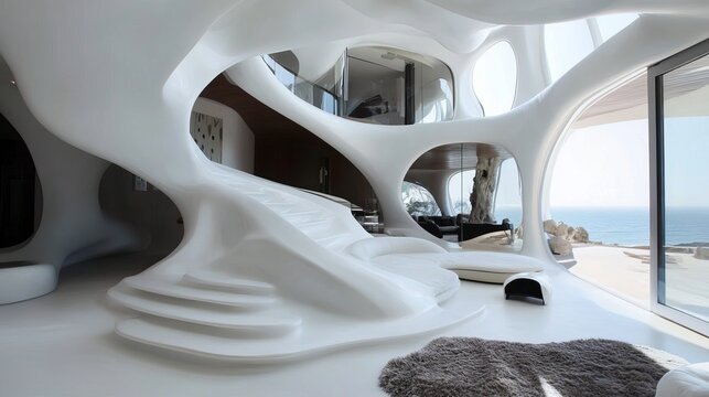 Futuristic interior with flowing, white organic forms, stairs, ocean view, and minimal furniture
