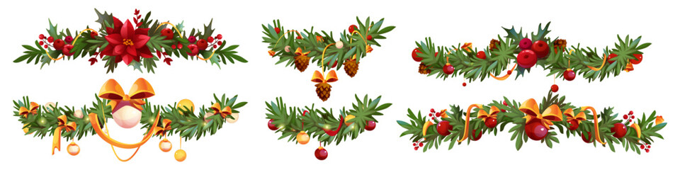 Branch garland cartoon set with festive pine decorations, red poinsettia flowers, golden ribbons, berries and pinecones on borders for Christmas designs. Evergreen foliage with holiday ornaments. © klyaksun