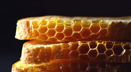 Honeycomb-covered bread slices. Close-up