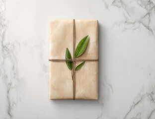 Gift wrapped in plain brown paper tied with twine, adorned with a green leaf, on a white marble background from above