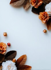 Floral arrangement on white rust-colored roses & dried leaves frame the edges, creating a warm, autumnal aesthetic with gentle shadows and soft light