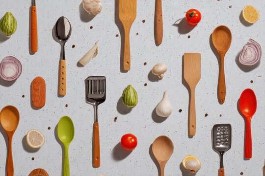 Creative arrangement of wooden utensils and fresh ingredients on a light-colored background inviting delicious meal preparation