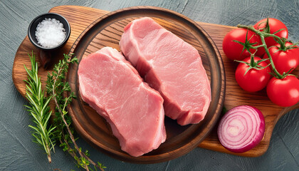 Raw fresh pork meat with cherry tomatoes, rosemary and spices on dark background. Uncooked. Gourmet meal preparation. Healthy diet ingredient. Butcher cut