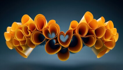 Curled yellow paper forms floral heart shapes against a dark blue background. Rolled edges create depth and shadow. Soft lighting highlights the textures and gradients. Minimalist, abstract