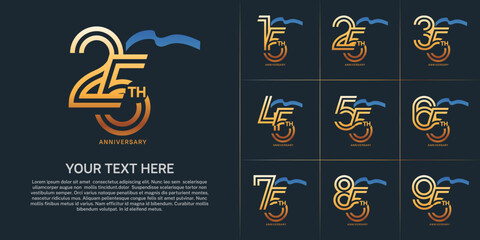 Anniversary logo type set with double line number. gold color with blue long ribbon for celebration event