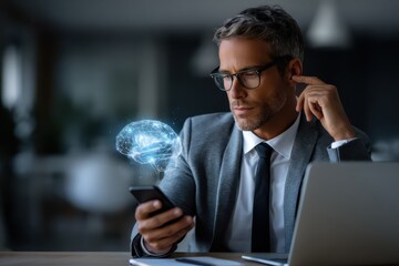 Innovative businessman uses laptop and smartphone to enhance productivity while envisioning creative strategies and solutions in a modern office environment