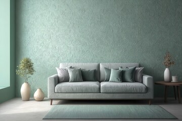 Calming seamless mint green wallpaper complements a cozy living room with soft furnishings and minimalistic decor accents for a relaxed atmosphere