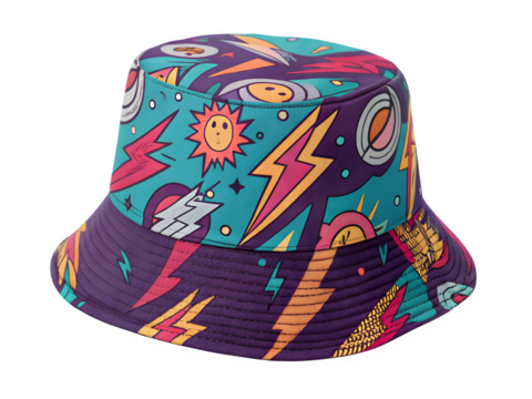 Vibrant cosmic pattern bucket hat with lightning bolts and planets