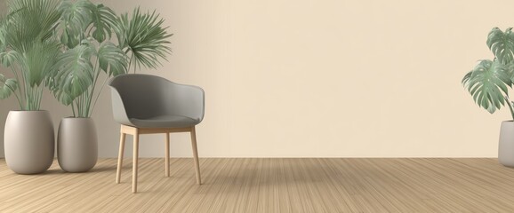 Modern minimalist interior with a comfortable chair and plants.