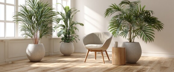 A light and airy room with comfortable seating and lush greenery.