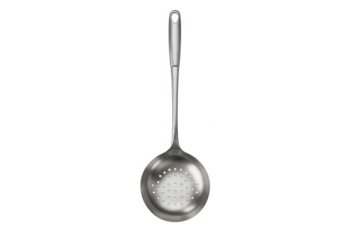 Stainless steel skimmer spoon with perforated bowl and ergonomic handle on black background, professional kitchen utensil for skimming, straining, or serving with durable metallic design