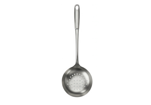 Stainless steel skimmer spoon with perforated bowl and ergonomic handle on black background, professional kitchen utensil for skimming, straining, or serving with durable metallic design