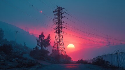 Sunset Power Lines - Energy Grid, Transmission, Landscape