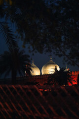 Golden domes of a mosque glow under night sky, framed by palm trees and red-lit walls creating a...