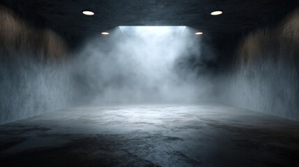 A dimly lit room features beams of light breaking through the fog, creating an eerie ambiance. The walls and floor are concrete, enhancing the mysterious mood of the space.