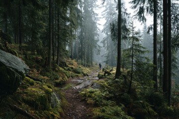 Obraz premium Exploring the serene trail in the Erzgebirge forest during a misty day of trail running