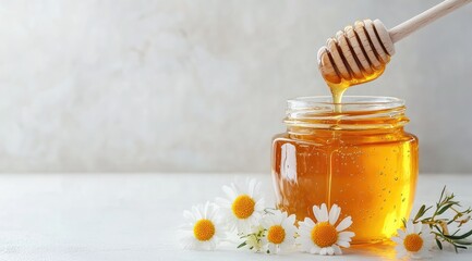 Honey drips from wooden dipper into glass jar, surrounded by chamomile flowers