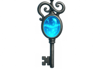Magical antique key holding glowing blue potion with bubbles, isolated on transparent background, perfect for fantasy games or projects