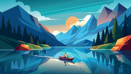 Fototapeta premium Scenic lake view with person rowing a boat in a picturesque mountain landscape during sunset hours