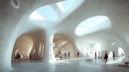 Interior view of a modern building with organic shapes and light. People stroll through the space with large openings in the ceiling