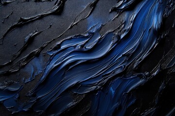 Blue ocean with a lot of texture. The brushstrokes are thick and create a sense of movement and depth. Blue black abstract gradient background grain texture effect dark vibrant color flow wave.