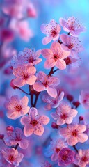 Soft floral close-up with pink blossoms on dark branches against a blurred teal backdrop. The scene exudes gentle, romantic, and dreamy vibes