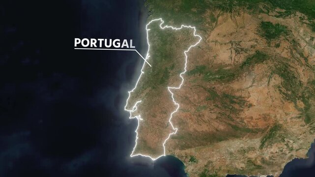 Zoom from Earth to Portugal. Glow outline map animation satellite view with highlighted country borders. Cinematic documentary 3d world map animation highlights aerial views, tourism, and travel. 4k