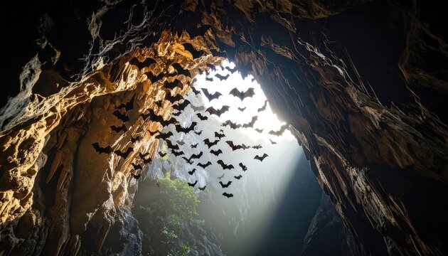 Bats Swarming Out of a Lit Cave Entrance with Sunlight, and Dramatic Nature Scene.