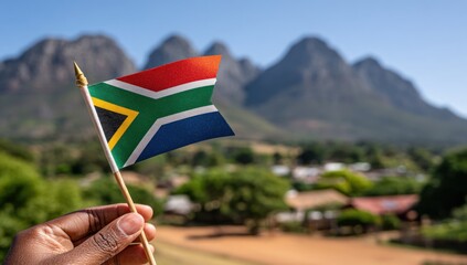 Hand holds a South African flag against a landscape of mountains and a village, under a clear blue sky on a sunny day