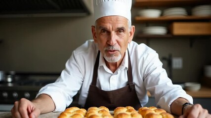 Professional baker in kitchen attire leaning over a countertop displaying a batch of golden-brown bread rolls ready to be served. - Powered by Adobe