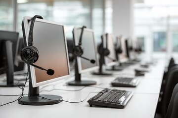 Call Center Empty. Business Communication at Training Center with Computers and Headset