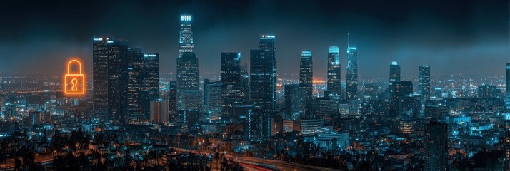 California Security. Cyber Theme with Night View of Los Angeles and Secure Technology